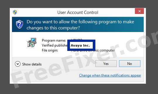 Screenshot where Avaya Inc. appears as the verified publisher in the UAC dialog